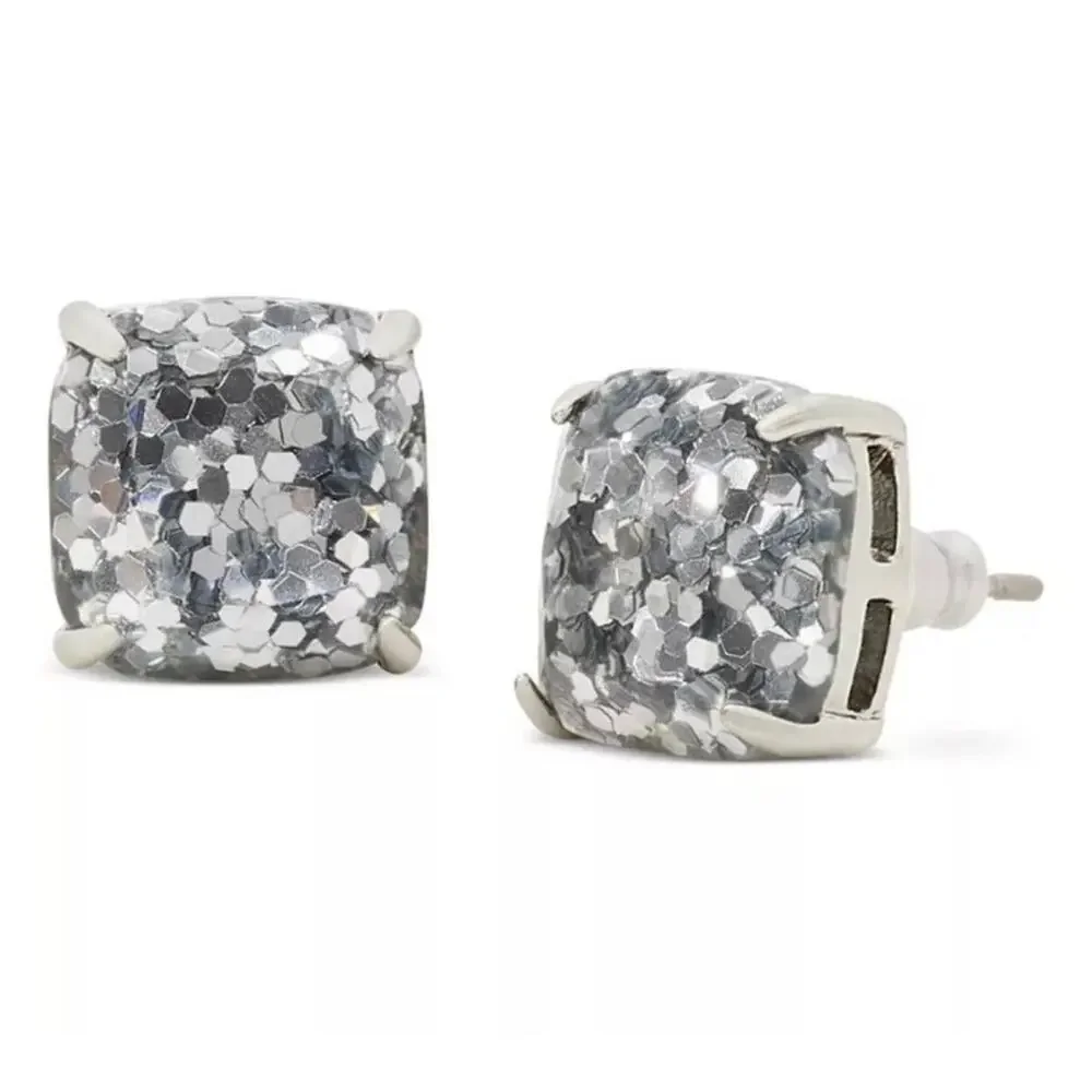 Kate Spade Silver Glitter Stud Earring Square Preppy Designer Summer Jewelry